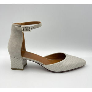 Aquatalia 7 Heels Gray Suede Leather Ankle Strap Snake Embossed Low Heel Pumps